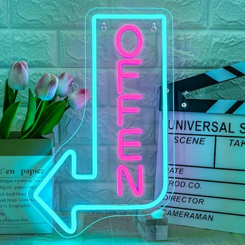 SIGNSHIP OFFEN Neon Schild Eisblau und Rosa OFFEN LED Led Schriftzug als Tür oder Hängeschild 6 Stufig Dimmbar Led Schild USB Geeignet Open Leuchtschild für Geschäfte,Cafés,Restaurants,Kneipe,Bar