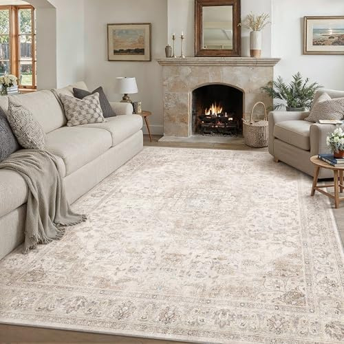 PureCozy Teppich Wohnzimmer 200x300cm Waschbarer Vintage Beige Tepich for Schlafzimmer kurzflor rutschfest Weich Böhmischen Groß Retro Carpet für Küchen Esszimmer Bedroom Büro Living Room