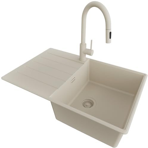 PRIMAGRAN Fregadero Granito al Mueble 50cm + Grifo, 78x50cm | Set: Grifo BW9010 + Kit de desagüe (sifón, válvula, rebosadero) + Copenhague Top 1 Seno para Cocina, Todo Beige