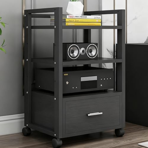 LIMENQIN Audio Video Medienständer mit Schublade, 3/4/5-stufiges Audio Rack HiFi-Rack, Bewegliche Plattenspieler Regal, Schallplattenständer mit Rollen, für Heimkino(Black,3 Tier 50x40x79cm)