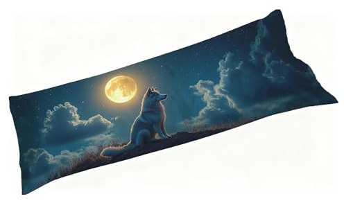 Seitenschläferkissen Bezug 40 x 145 Samt, Kissenbezug Blau mit Mikrofaser Reißverschluss, Wolf Kopfkissenbezug XXL, Weich & Pflegeleicht & Hautfreundlich, für Seitenschläfer und Rückenschläfer S3-549
