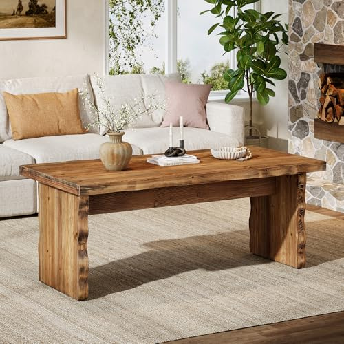 TRIBEWOOD 47 Inches Solid Wood Coffee Table, Farmhouse Rectangular Center Table with Natural Wave Edge, Low Cocktail Tea Tables for Living Room