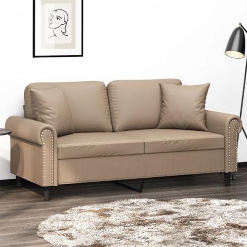 Ziaphsol 2-sitsig soffa, cappuccino-brun, 140 cm sittbredd, konstläder, med dekorativa kuddar, metallram, vardagsrumsmöbler