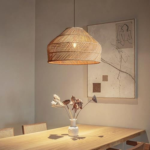 PANNN Lampadario Vintage E27 Rustico Lampada A Sospensione In Rattan Intrecciato A Mano Lamp Per Tavolo Da Pranzo In Stile Bohémien Adatta Per Soggiorni Sale Da Pranzo Cucine A Isola(60cm)