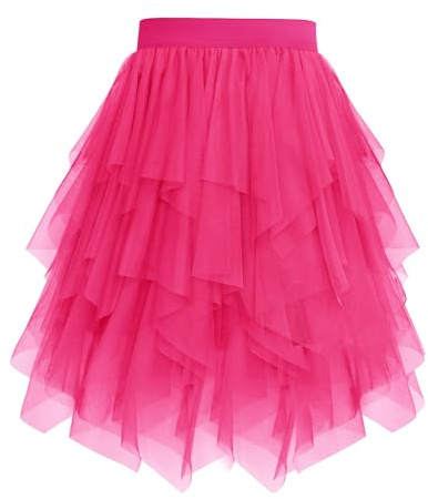 Vlazom Tyllkjol för kvinnor, kort, veckad kjol för oregelbunden fåll, lätt elastisk midja, festlig, fuchsia, XXL-3XL