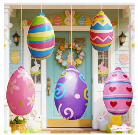 5 Stück Ostereier zum Aufhängen XXL Aufblasbare Osterdeko 40 cm Große Ostereier Plastik Bunt für Draußen Garten Osterdeko Outdoor Wiederverwendbare Frühling Dekoration Hängend Osterdekoration (B)