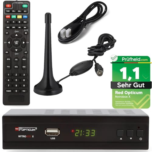 DVB-T2 Receiver mit PVR Aufnahmefunktion + DVB-T Antenne, Opticum Nytrobox X im Set für DVB T & DVB T2 HD Fernsehen und Radio HDMI SCART USB (Test = SEHR GUT)