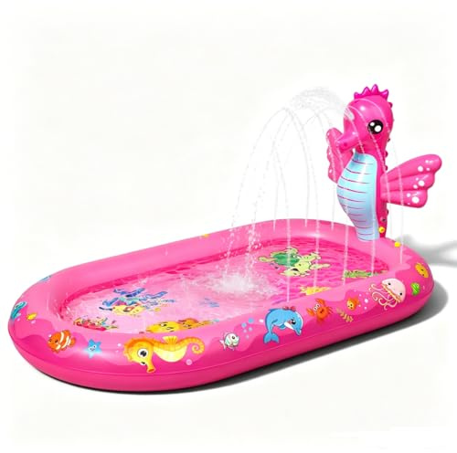 Inflatable Paddling Pool for Kids, Splash Pad for Kids, 3 in 1 Haima Pattern Kids Pool Inflatables, Thickened Material with Water Pipe, Backyard Summer Water Toys for Boys and Girls Age 1+