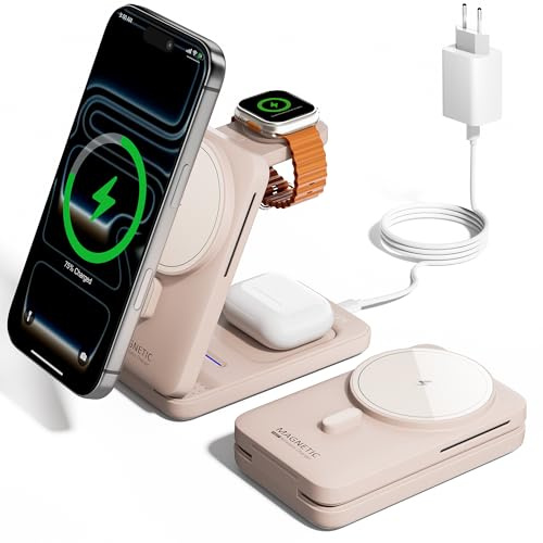 KPON Magsafe Ladestation für Apple Watch und iPhone, 3 in 1 Faltbares Magsafe Ladegerät Schnellladung Kompatibel mit iPhone 17-12, Apple Watch 11-2, AirPods, Reise & Büro, inkl. 20W Adapter, Rosa
