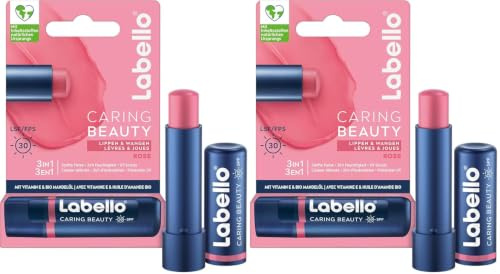 Labello Caring Beauty Rose Lippenpflegestift mit Farbe und Sonnenschutz (4,8 g), farbige Lippenpflege mit LSF 30, Vitamin E & Bio-Mandelöl, Lippenbalsam für Lippen & Wangen (Packung mit 2)