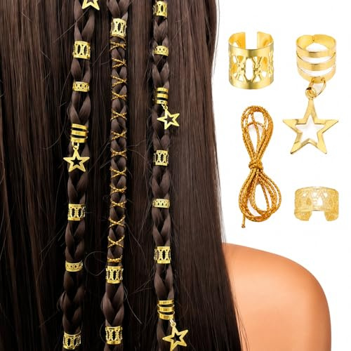Caelura Haarschmuck Gold, 72 Stück, Dreadlocks Schmuck, Haarringe | Haarringe und Haarperlen zum Klipsen, Festival Accessoires für Damen und Herren, für Piratenkostüm, Braids und Flechtfrisuren