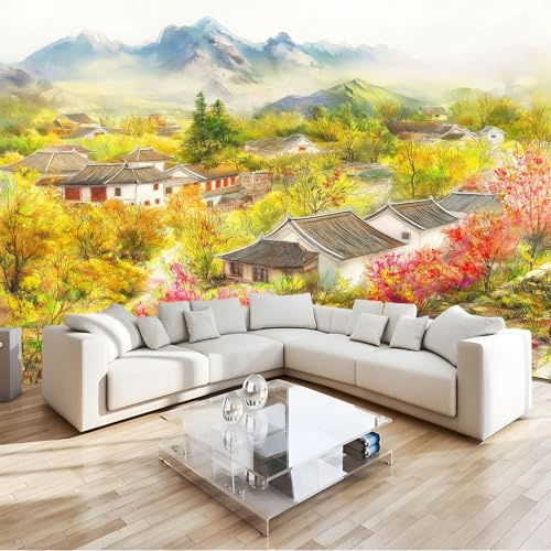 Generico Est Montagne Fiori Di Pesco Carta da Parati Effetto 3D, 250 x 175 cm Fotomurale Tessuto non Tessuto | Decorazione Carta da Parati Fotomurali Camera da Letto, Giallo