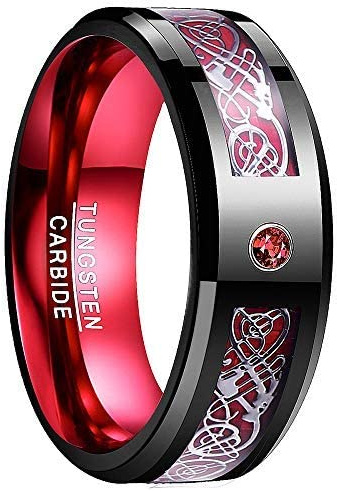 NUNCAD Anello/Anello Maschio/Donna/Unisex con motivo a dragoni in Tungseno con zircone e anello in fibra di carbonio dell'anello di amicizia/memoria bianco + rosso 8 mm (15-34)