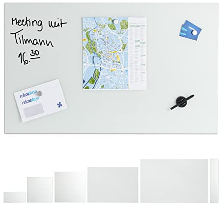 Relaxdays Pizarra Magnética Grande, Cristal, Blanco, 100 x 60 cm