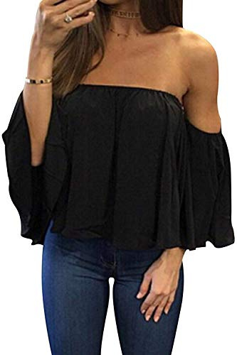 Bluetime Women Summer Off Shoulder Chiffon Blouse Ruffles Short Sleeves Tops Casual T Shirt (L, Black)