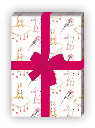 Kartenkaufrausch Niedliches Geschenkpapier Set 4 Bogen mit Herz & kleinen Hasen auch zu Ostern, weiß, für Geschenkverpackung 32 x 48cm, zu Weihnachten Geburtstag, universal Geschenkpapier