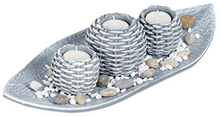 Relaxdays Kerzen Deko, Kerzenschale, Dekokies, Flechtoptik Kerzenhalter, stimmungsvolle Tischdeko, 38,5 cm lang, grau, 1 Stück