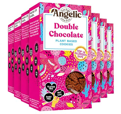 Angelic Free From 8 Pack Double Chocolate Chip Vegan & Gluten Free Cookies. Dairy, Nuts, Soya, Egg, Peanut & Wheat Free. Allergy Safe Multipack Biscuits Free From Top 14 Allergens. (8 x 125g)