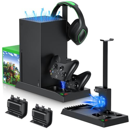 Charging Stand with Cooling Fan for Xbox Series X Console & Controller,Vertical Dual Charger Station Dock Accessories with 2 x 1400mAh Rechargeable Battery & Cover,Headset Stand &10 Game Slots