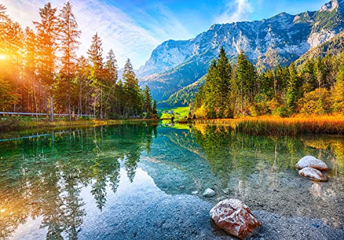 wandmotiv24 Fototapete Bergsee Alpen Wald, L 300 x 210 cm - 6 Teile, Wanddeko, Wandbild, Wandtapete, Deutschland Berge Wasser Himmel M6746