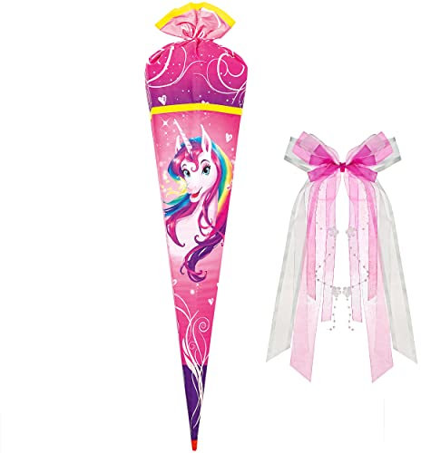 Stoff Schultüte Motiv + Größe + Zubehör wählbar 85/70 cm - inkl. Bänder Schleife - Holzspitze - Zuckertüte - Stoffabschluß - Roth 6 eckig rund - Mädchen..