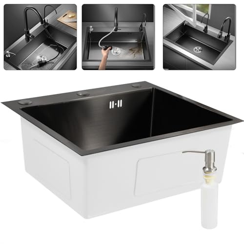 Evier Cuisine 1 Bac avec Egouttoir Noir Évier Cuisine Inox encastrable, pour cuisine, jardin, 50 x 45 cm, avec égouttoir