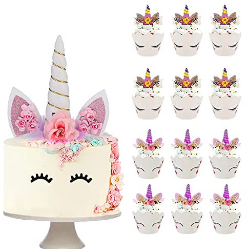 28 Stück Einhorn Tortendeko, Einhorn Kuchen Topper Happy Birthday für Geburtstag Hochzeit Party Kuchendeko 3D EinhornhöRner Und -Wimpern für Baby Shower Mädchen Kinder Geburtstag Party Decor(Weiss)