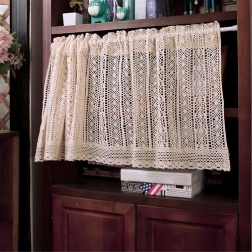 ACMHNC Vintage Küchenvorhang Landhausstil Häkeln Stricken Handgemacht Scheibengardine Kurzstore Gardine Boho Baumwolle Leinen Häkelgardine 1 Stück,Beige,W x H 100 x 60 cm