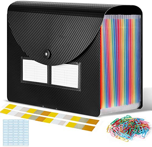 Cartella Portadocumenti A4, Porta Documenti Espandibile 24 Tasche, Portatile Fisarmonica Organizzatore per Casa Scuola Ufficio Viaggio (con Coperchio) (B_Nero)