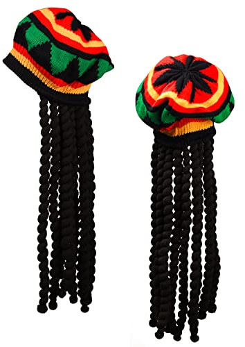 XNHIU 2 Pack Rasta Hat with Black Dreadlocks Bob Marley Dreadlocks Wig with Rasta Tam Hat Fancy Dress Rasta Wig Cap