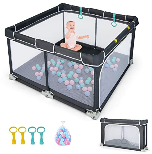 DREAMADE Laufstall Baby, 126 x 126 cm Klappbares Laufgitter mit Tür & 50 Spielbällen & Zugring, Schutzgitter mit Atmungsaktivem Netz & Reißverschluss