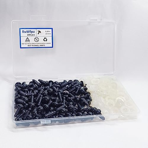 RuWfpz Sicherheitsaugen für Häkeltiere Amigurumi 10mm - 100 Stück Puppenaugen Häkel Amigurumi Augen für Kuscheltiere, Schwarz Kunststoff Teddyaugen Knopfaugen zum annähen