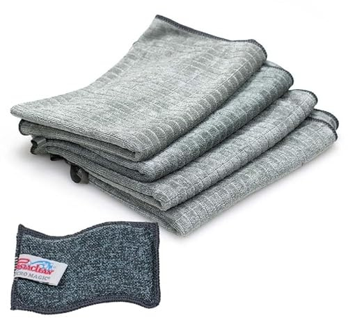Pastaclean® 4er Set MAXI Geschirrtücher (Silbergrau) EXTREM saugstarke Geschirrhandtücher, Premium Küchentücher, 4x Maxi Geschirrtuch + 1x Spülschwamm