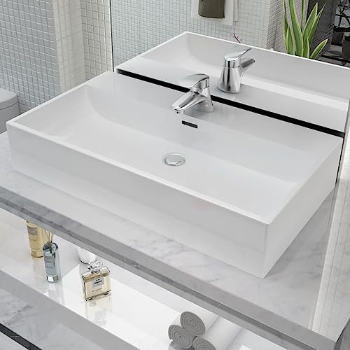 HIGSOSE Lavandino con Foro Rubinetto in Ceramica 76x42,5x14,5 cm Lavabo Sospeso Mobile Sospeso Bagno Lavatoio Ceramica Arredo Bagno Lavello da Esterno Lavello Bagno Bianca Lavabo da Appoggio
