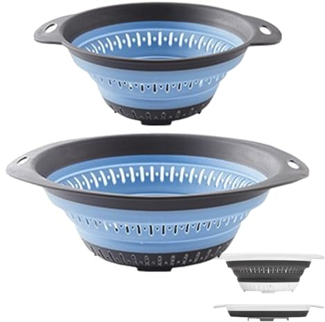 Collapsible Colander and Strainer,Silicone Strainer Colanders & Food Strainers,for Vegetable and Fruit, Kitchen Essentials (2, Blue, 1.3L+2.5L)