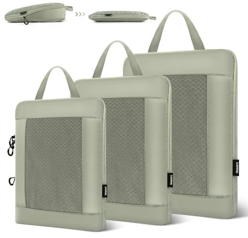 Carttiya Koffer Organizer Kompression Set, Packwürfel Set Kompression Ihres Reisegepäcks, Compression Packing Cube, Komprimierbaren Packwürfeln zur Organisation Packtaschen Set (3 Stück, Hellgrau)