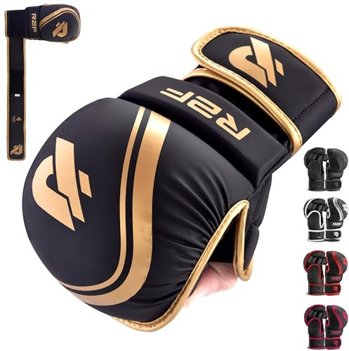 R2F MMA Gloves Grappling Training Sparring Fighting, Martial Arts Open Palm Mitts Men Women, Adjustable Wrist Support Vegan Leather, UFC Cage Fighting Combat Sports Boxing, Muay Thai