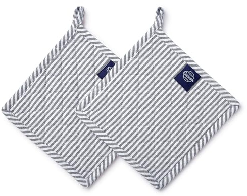 Encasa XO Topflappen, Hitzebeständig, Baumwolle 21 cm | Gestreiftes Marineblau, Gesteppt & Gepolstert | Aufhängeschlaufe | Kochen & Backen | Küchenzubehör | 21 cm | 2er Set
