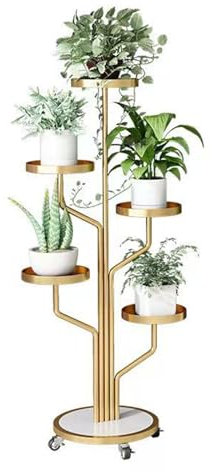 5 Tier Blumenregal Pflanzenregal Mit Optionalen Rollen, Mehrstöckig Blumenständer Pflanzenständer Blumenbank Blumentreppe Pflanzentreppe Standregal for Innen Und Außenbereich (Color : Gold)