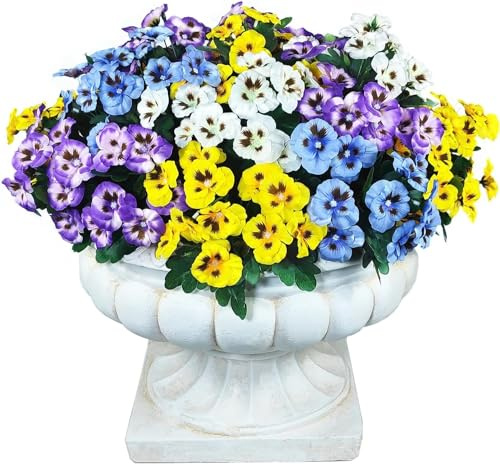 QIANYUN Kunstblumen Stiefmütterchen Künstliche Blumen,Stiefmütterchen Pflanzen Seidenblumen Wasserdicht UV-beständige Pflanzen Plastik Blumenstrauß Blumen (12, 3 weiß, 3 gelb, 3 violett,Blau 3)