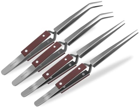 Kreuzpinzetten Set 4-Teilig Lötpinzette Klemmpinzette Technische Pinzette Gerade Gebogen Abgewinkelt Spitz Isolierende Griffe - Gezahnt und Glatt - Edelstahl - Markenqualität - Modellbau Basteln