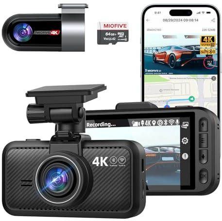 Miofive 4K Dash Cam Front and Rear, 5GHz Wi-Fi & GPS Dashcam with 64GB SD Card, Dual Car Camera Dash Cam with Parking Monitor, Night Vision, HDR, G-Sensor, Loop Recording, APP Control, Max 512GB