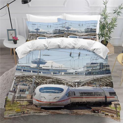 ARiXIaNg Housse de Couette 140x200 cm Enfant Train Chemin De Fer Parure de Lit 1 Personne Voiture à Vapeur Rétro Douce Microfibre Literie 3 pièces avec Fermeture Éclair et 2 Taies d'oreiller 50x75cm