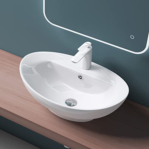 Mai & Mai Bathroom Sink Basin Countertop Wash Basin | Ceramic White Oval | WDH: 59x39x21cm | Modern Design Bathroom Vessel Sink | Nano-Coating Brüssel302