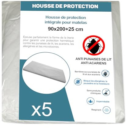 Housse de Protection Intégrale Anti-Punaise de Lit et Anti-Acariens pour Matelas 90 x 200 + 25 cm. (Lot de 5 Housses)