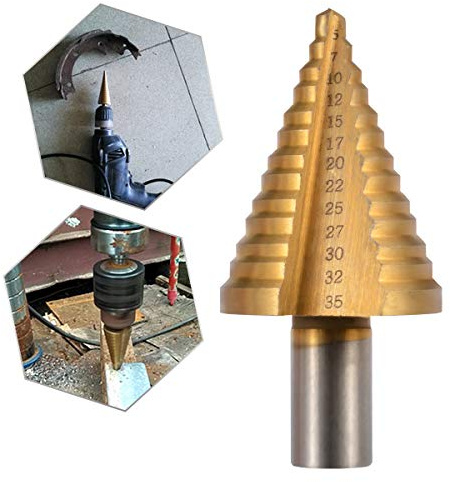 HOHXEN HSS Stufenbohrer 5-35mm, Schnellarbeitsstahl titanbeschichtet, Dreikant Rundschaft, 13 Stufen, gerillter Stufenbohrer, Pagodenstufenbohrer, Konusbohrer für Metall, Holz, Kunststoff - Gold