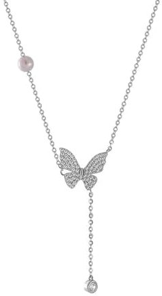 Stfery Silber 925 Halskette Damen Anhänger Halsketten Schmetterling Und Perle Zirkonia Kette Damen Hochzeit