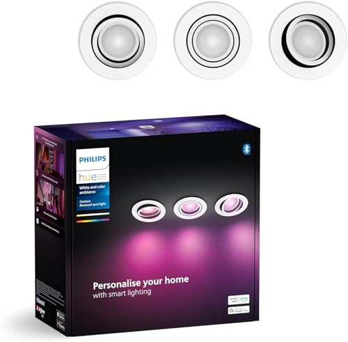 Philips Hue White & Color Ambiance Centura Pack of 3 Round recessed spotlights, dimmable Ceiling Lights for The Hue System with 16 Million Colours, Intelligent Light Control via Voice and app, White.