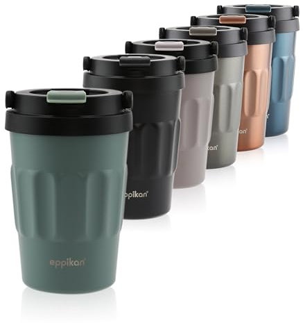eppikan eppiCafé Edelstahl Thermobecher mit klappbarem Tragegriff - auslaufsicherer Coffee-To-Go-Becher für Kaffee und Tee 400 ml (Matt Green)