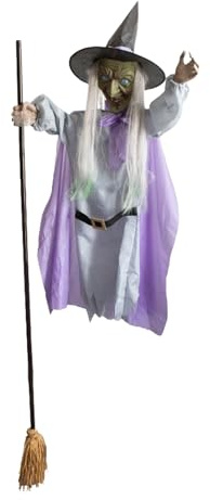 scyca Decoración de Bruja voladora de Halloween | Adorno de Bruja voladora en Escoba de 6 pies Accesorios de Bruja realistas y aterradores para casa embrujada, con Efectos de luz y Sonido